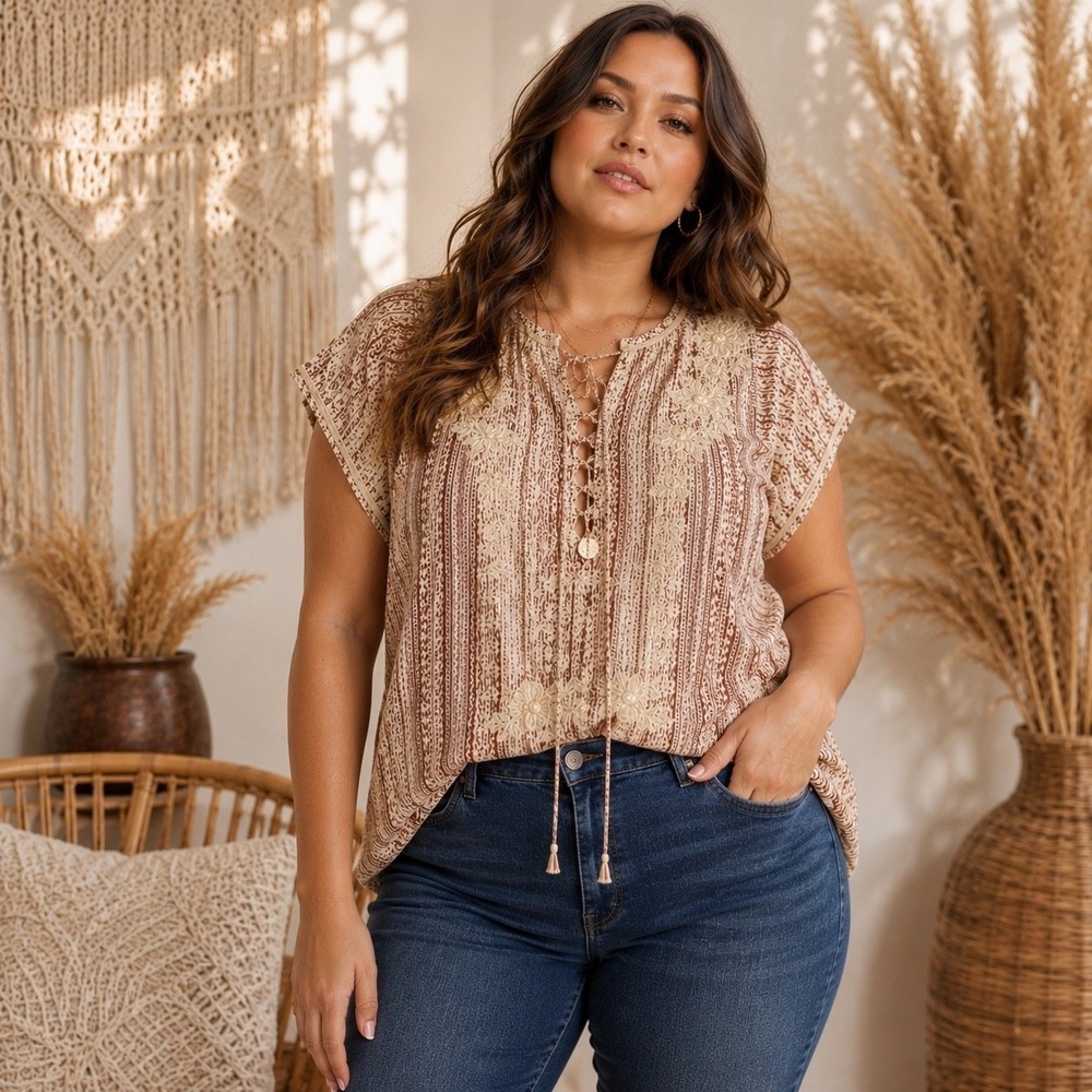 Savanna Jane Womens 1X Embroidered Boho Top Western‎ Boutique Tunic NWT
